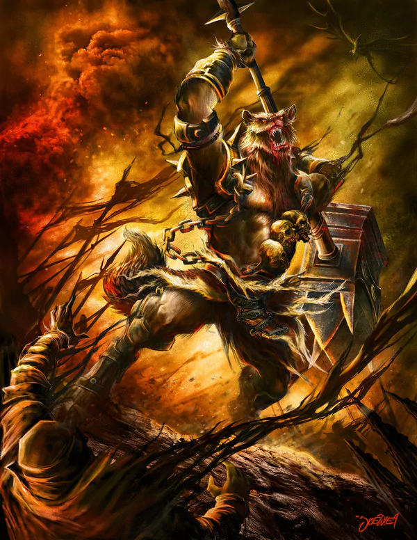 A dark warrior roars, wielding a massive hammer above a burning battlefield; spiked armor, chains and skulls glint in ash-filled air.