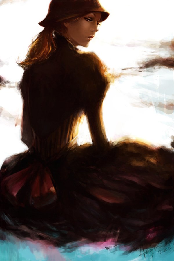 A woman seated with an enigmatic expression, wearing a stylish hat and black dress, captured in a striking glance that combines elegance and mystery in this tiraek photography.