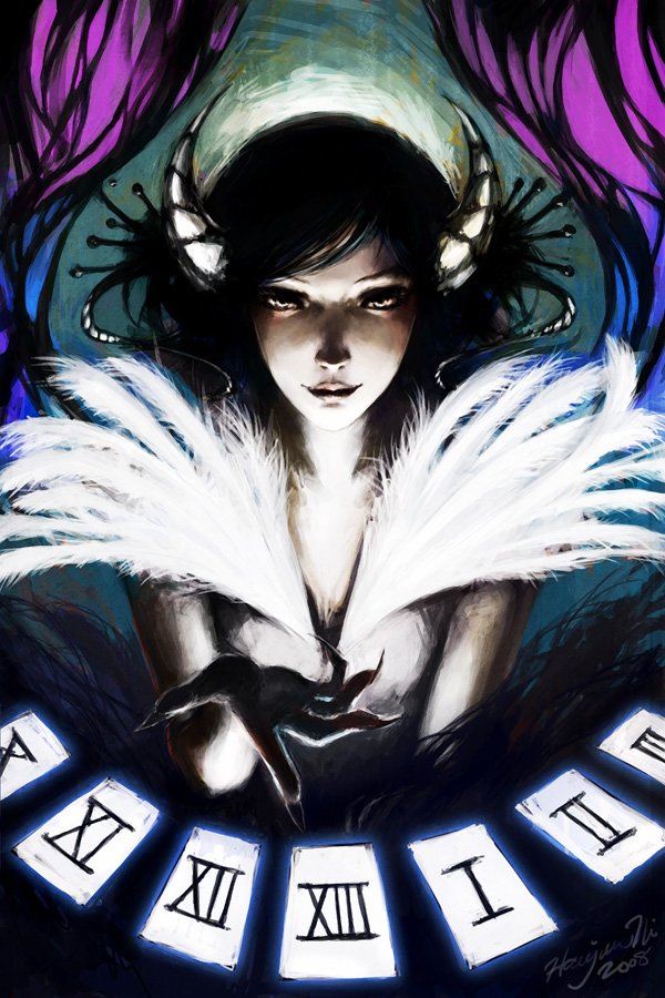 A fantasy-style woman with dark hair and horn-like adornments summons glowing tarot cards, surrounded by ethereal white feathers and a mystical purple background.