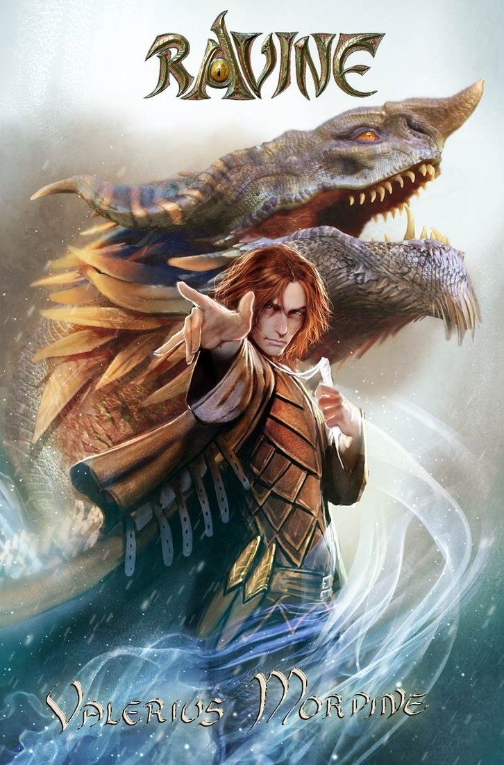 Fantasy, nebezial cover: red-haired Valerius Mordine in ornate armor conjures swirling blue magic as a massive dragon roars behind him.