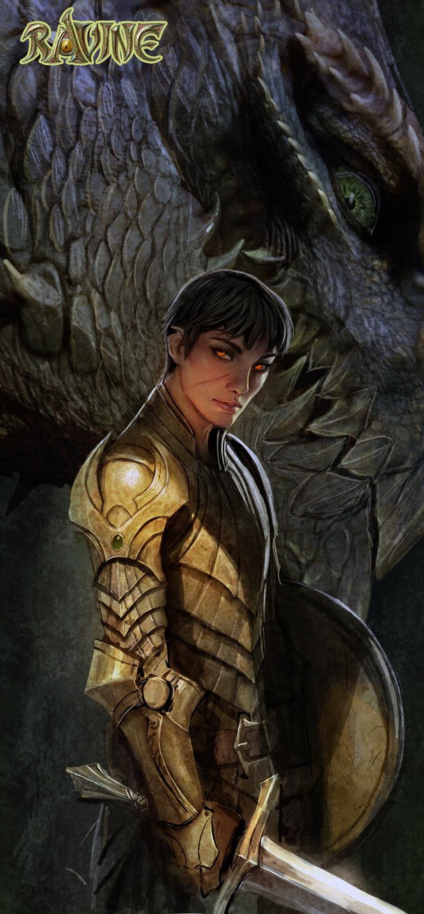 Fantasy artwork by Nebezial: a young armored knight with glowing eyes grips sword and shield as a colossal dragon's scaled head looms behind him.