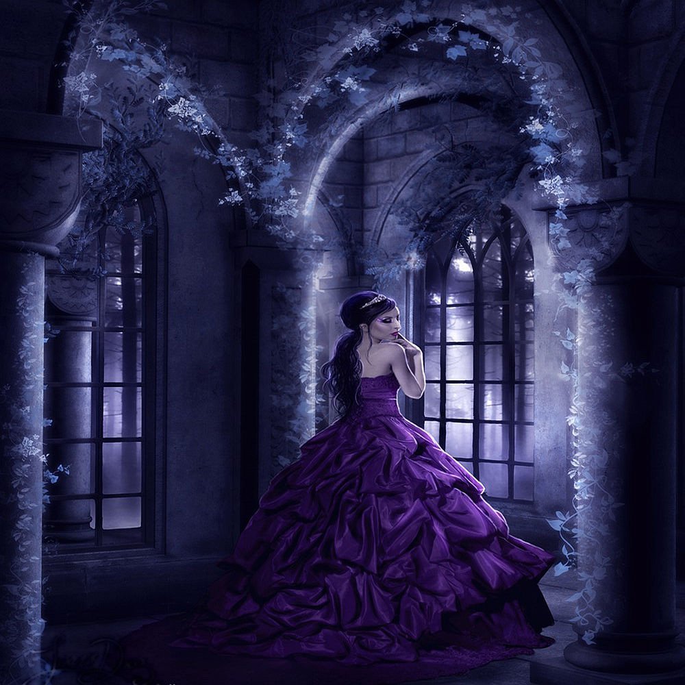A woman in a flowing purple gown stands in a fantasy setting, framed by an ivy-covered archway and surrounded by delicate flowers, illuminated by soft light through stone windows.