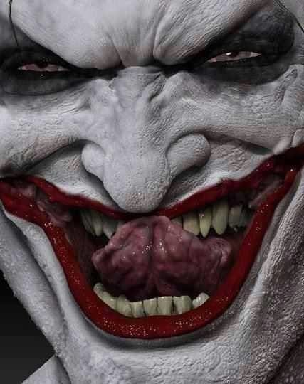 A close-up of a menacing Joker character from a comic, showcasing an exaggerated grin, white skin, and bright red lips, evoking a sense of chaos and madness.