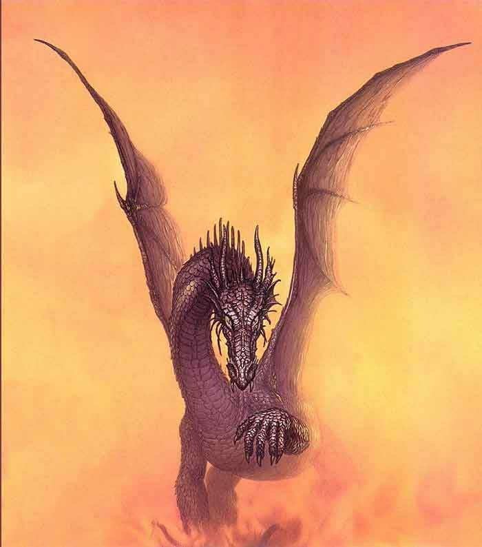 A majestic dragon with expansive wings soars through a dramatic, fiery landscape, embodying the essence of fantasy and mythical power.