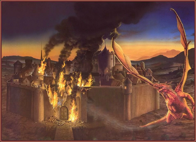 A fiery dragon wreaks havoc on a red-hued fantasy city, as flames engulf the castle and plumes of smoke rise against a dramatic sunset backdrop, showcasing destruction and chaos.