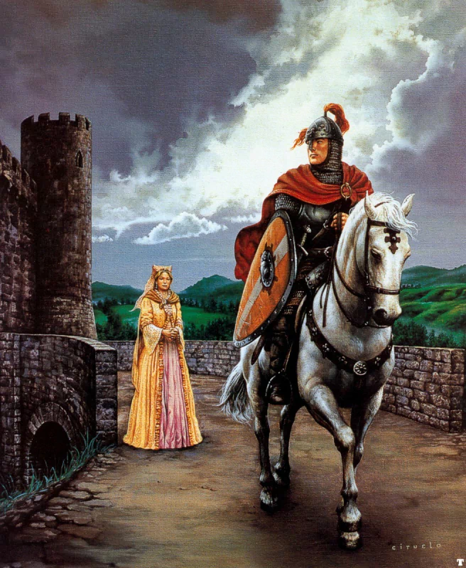A knight in armor rides a majestic horse past a castle, while a maiden in a flowing gown watches from the stone walls, set against a dramatic fantasy landscape.