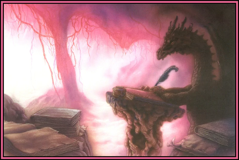 A majestic dragon stands beside a desk in a cave, poised with a quill over an ancient book. The ethereal atmosphere glows with shades of pink and purple, enhancing the fantasy scene.