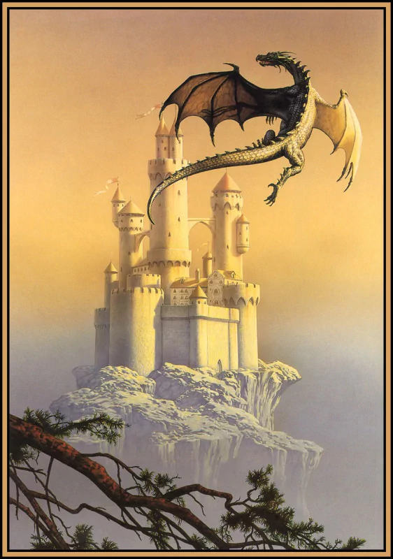 A majestic dragon soars above a golden castle perched on a cliff, set in a dreamy fantasy landscape that evokes a sense of adventure and wonder.