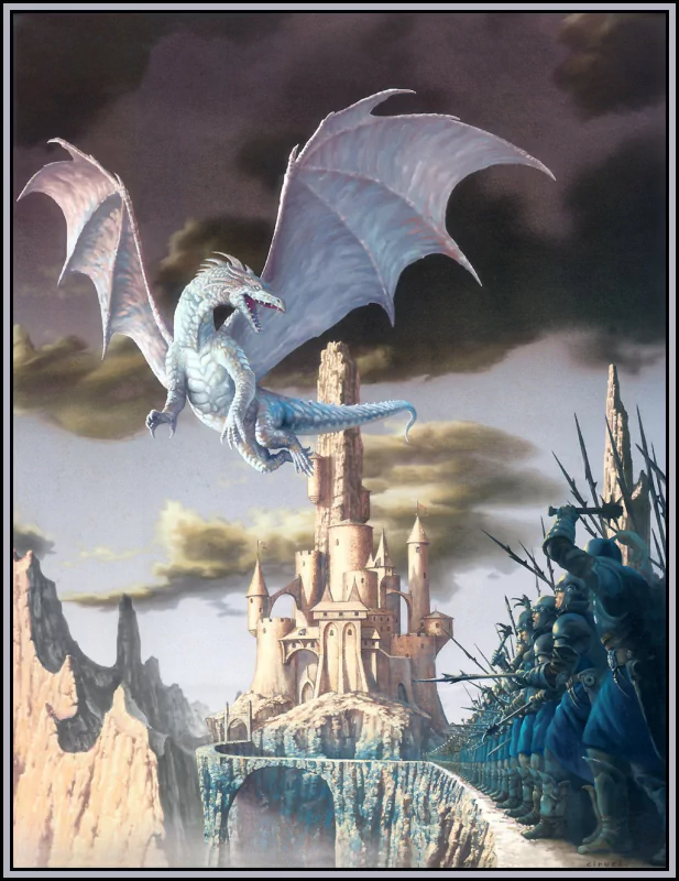 A scene depicting a white dragon soaring over a castle, while armored soldiers and archers stand ready along a rocky path, capturing a tense moment in a fantasy landscape.