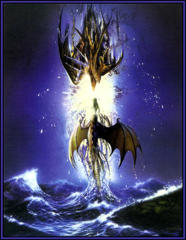 A fierce battle unfolds at sea, featuring a majestic eagle and a colossal dragon, set against a mystical backdrop of swirling waves and vibrant colors, capturing the essence of fantasy.