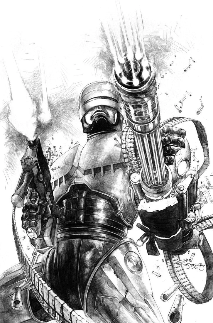 Comic-style illustration of RoboCop firing a rotary minigun, low-angle black-and-white action shot with ammo belts and shell casings scattering.
