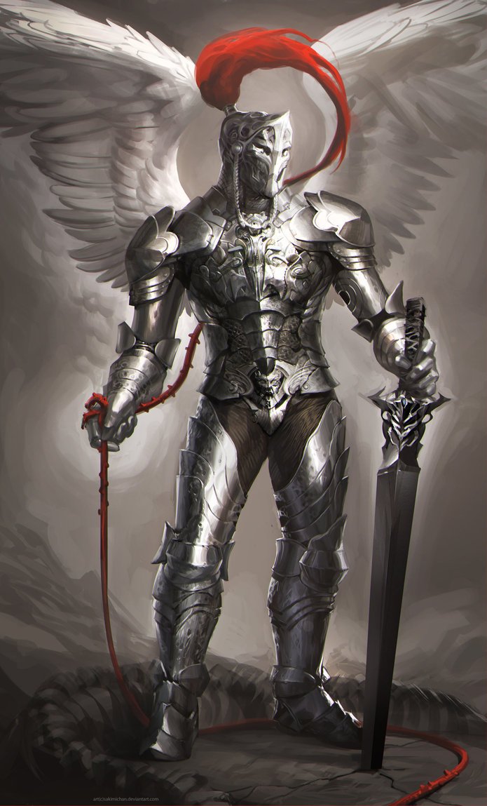 Fantasy: a winged silver knight in ornate armor with a red plume and cord, gripping a massive sword amid swirling mist.