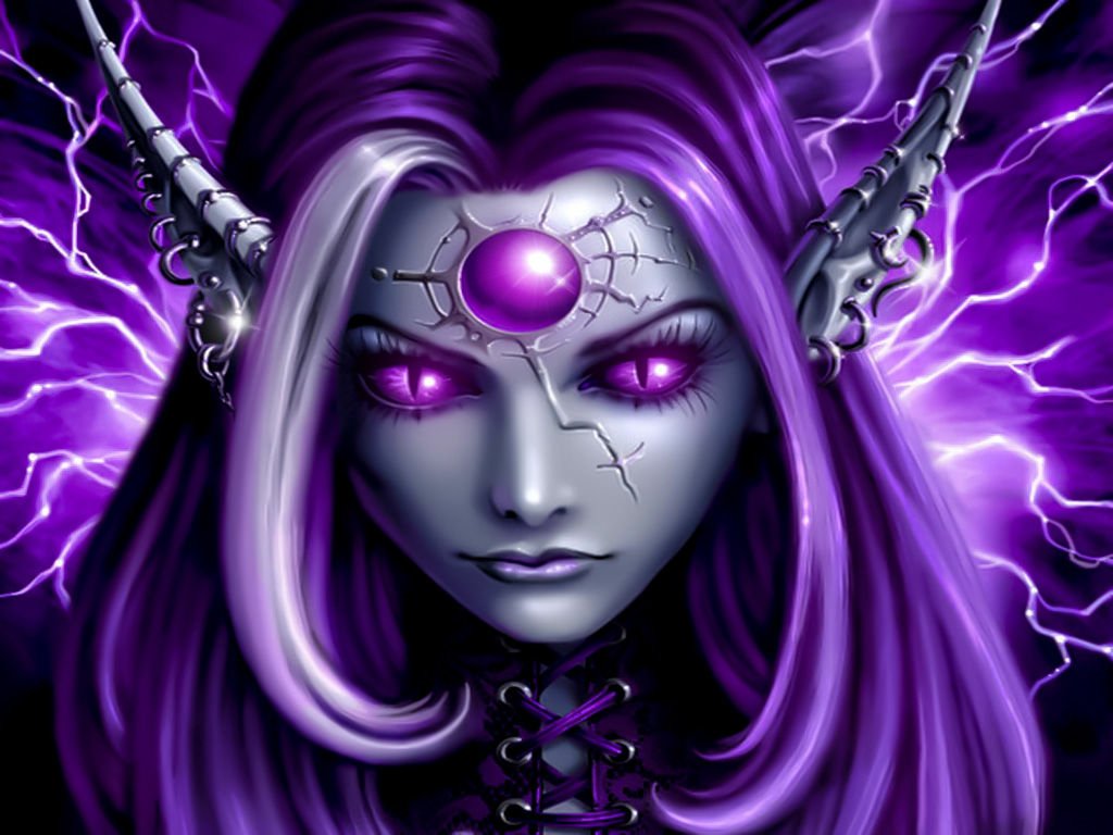 A dark elf fairy with striking purple hair and eyes, adorned with a cracked gem on her forehead, stands against a backdrop of swirling lightning, embodying a captivating fantasy aura.