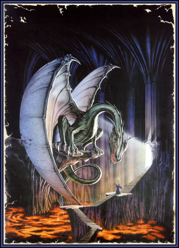 A powerful sorcerer stands before a majestic dragon in a cave, surrounded by flowing lava. The scene is rich with fantasy elements and dramatic lighting.