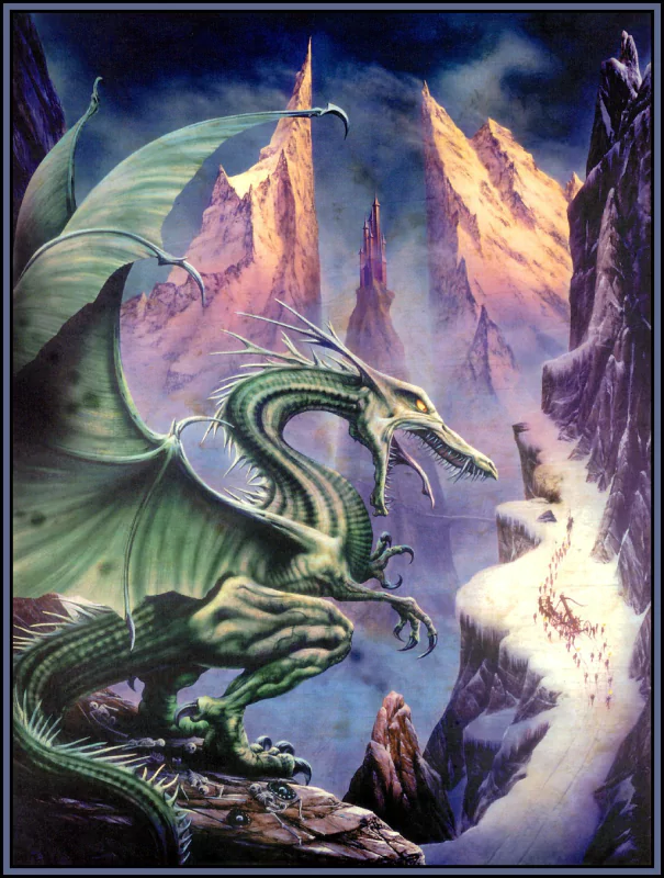 A towering green dragon overlooks a snowy mountain landscape with jagged peaks, a castle in the distance, and the remnants of a fallen warrior amidst scattered bones.