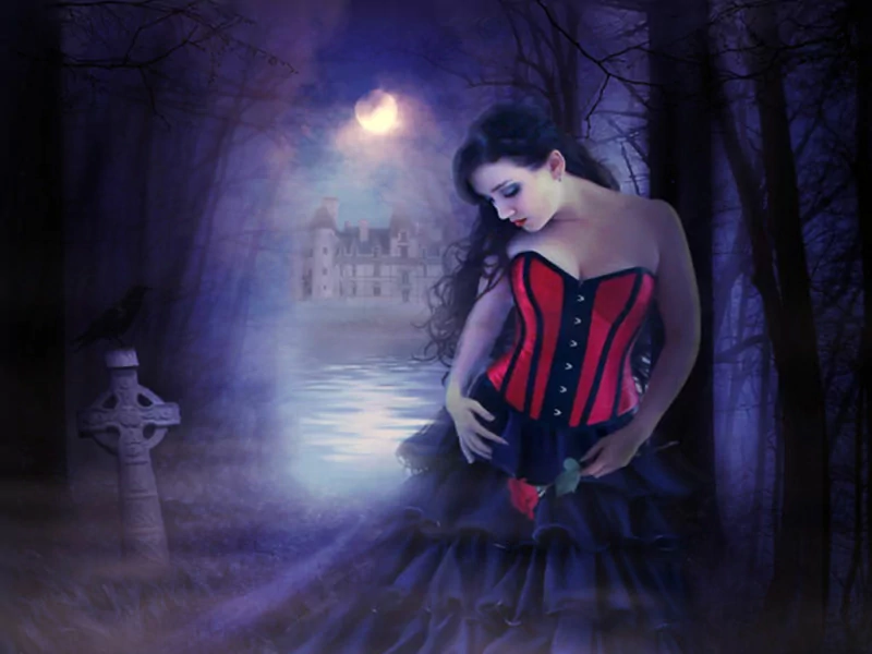 A woman in an emo-style dress stands by a grave, holding a rose, gazing sadly at a distant castle under a moonlit sky, embodying themes of loss and longing.