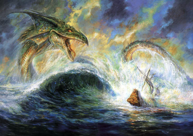 A ship battles towering waves as a fierce sea monster rises from the depths, creating a dramatic fantasy scene in a tumultuous ocean.