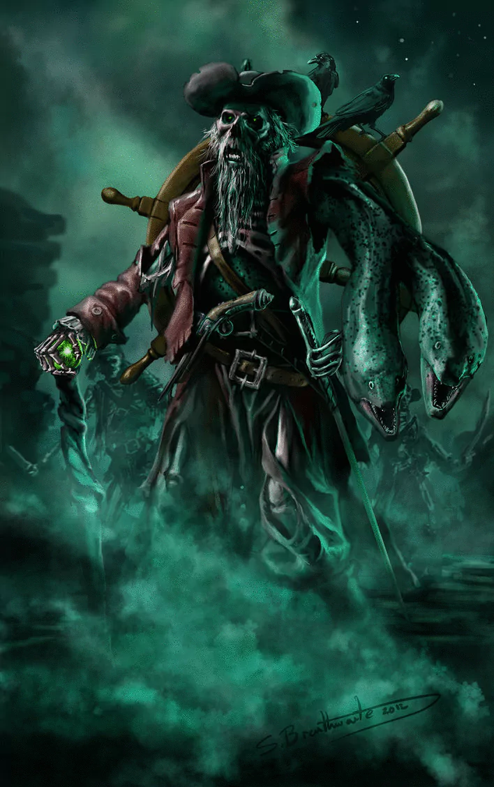 Dark and eerie zombie pirate stands amidst fog, clutching a glowing artifact with a crow on his shoulder and a large fish draped over his arm.