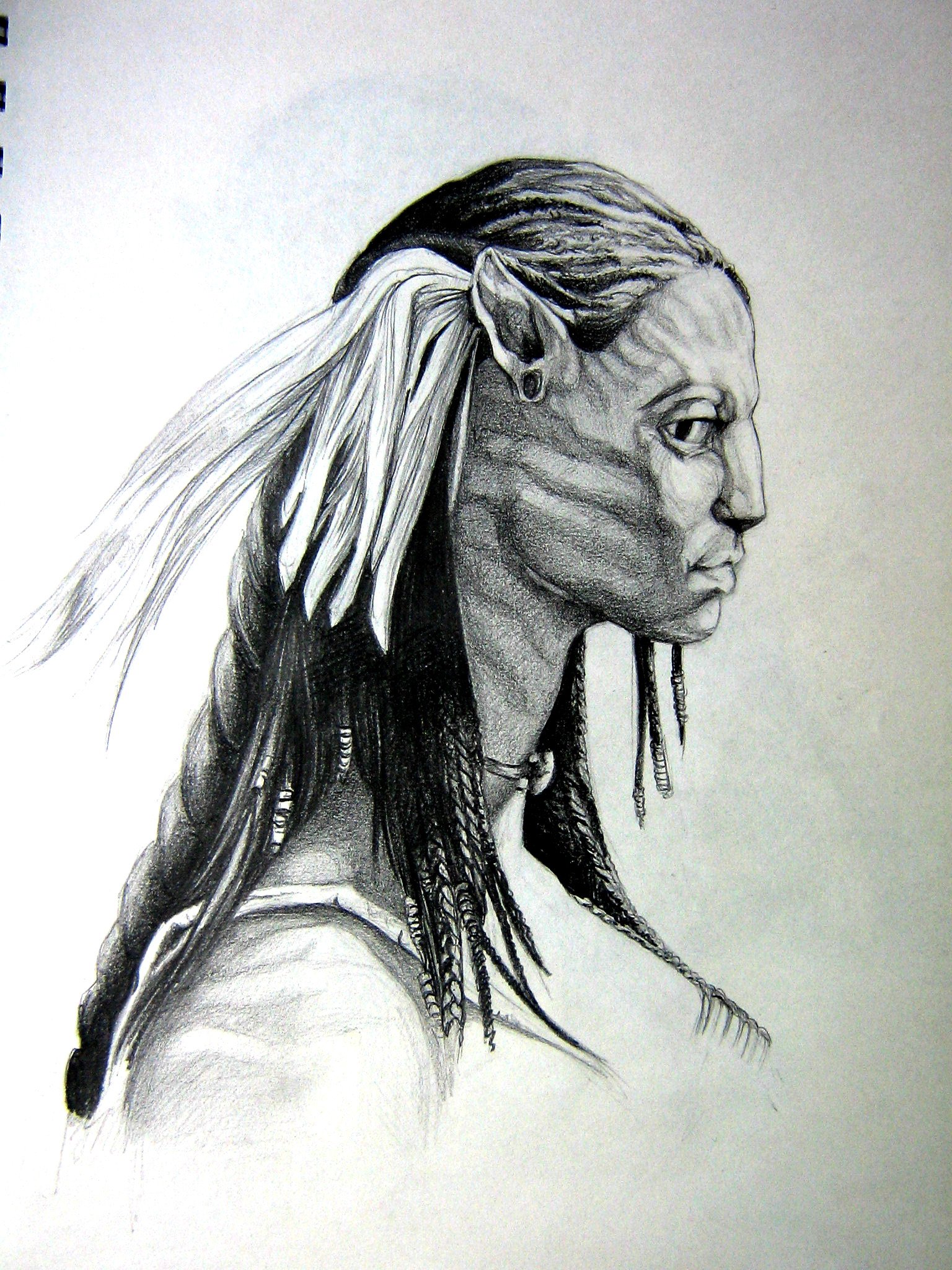 Grayscale pencil profile portrait of a Na'vi from the movie Avatar, showing braided hair, elongated features and striped skin in detailed sketch form.
