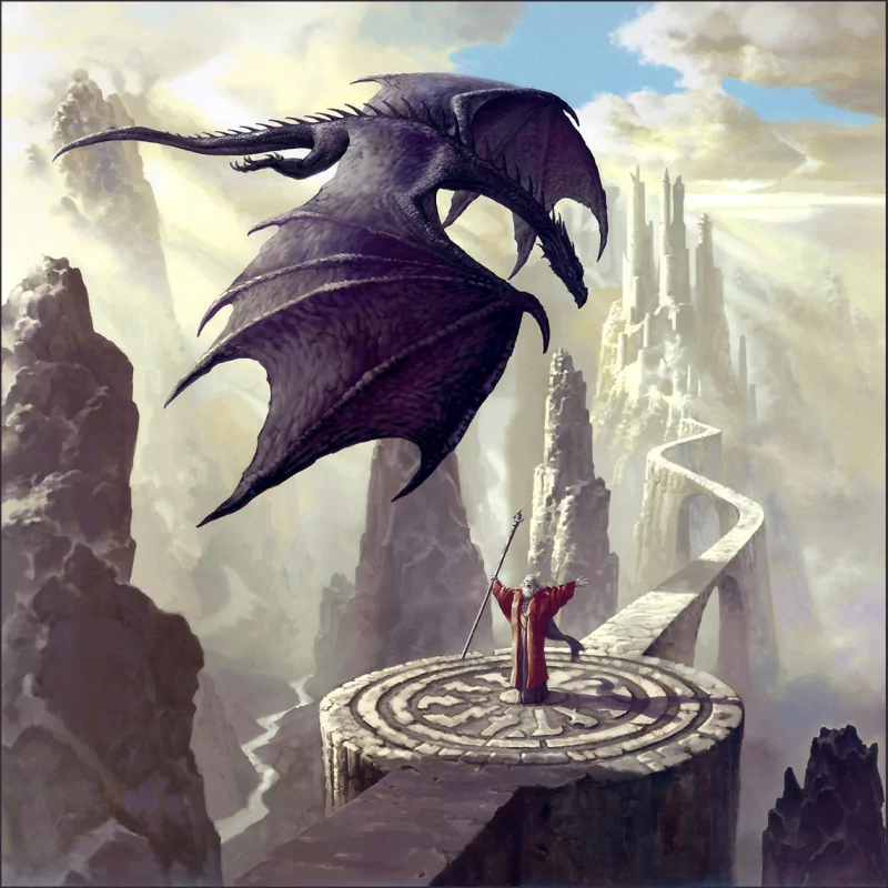 A black-cloaked sorcerer stands on a path leading to a majestic castle, wielding a staff as a dragon hovers menacingly above, set in a dramatic fantasy landscape.