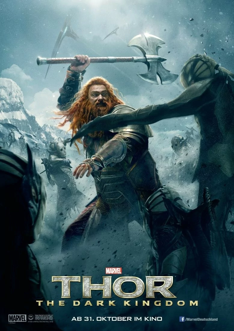 Movie poster for Thor: The Dark World — armored red-haired warrior swings a massive axe on a snowy, storm-torn battlefield against shadowy foes.