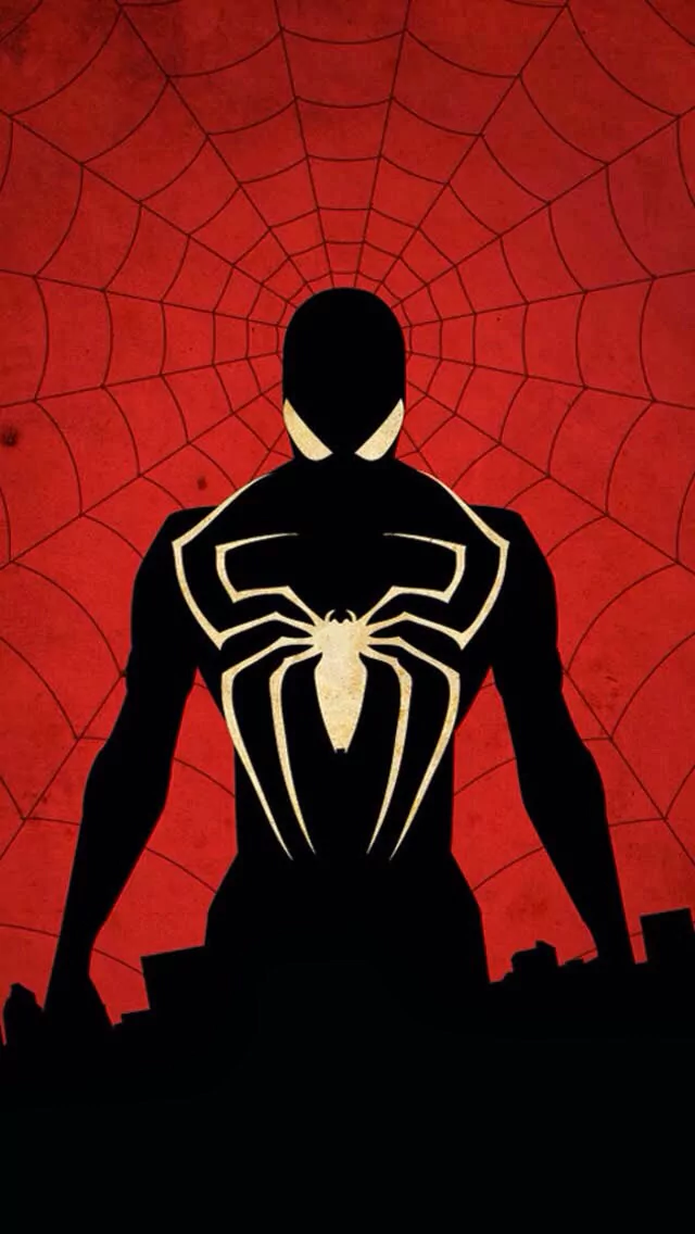 A silhouetted figure of Spider-Man stands boldly against a red background, featuring a spider emblem on his chest, surrounded by a web pattern.