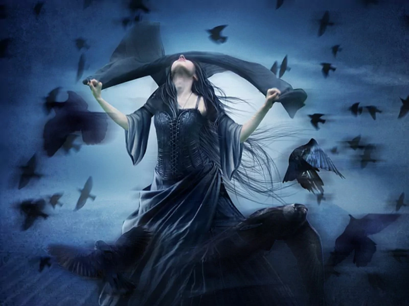 A woman in a flowing black dress stands amid swirling dark shadows and flying birds, embodying a gothic, emo aesthetic under a moody, atmospheric sky.