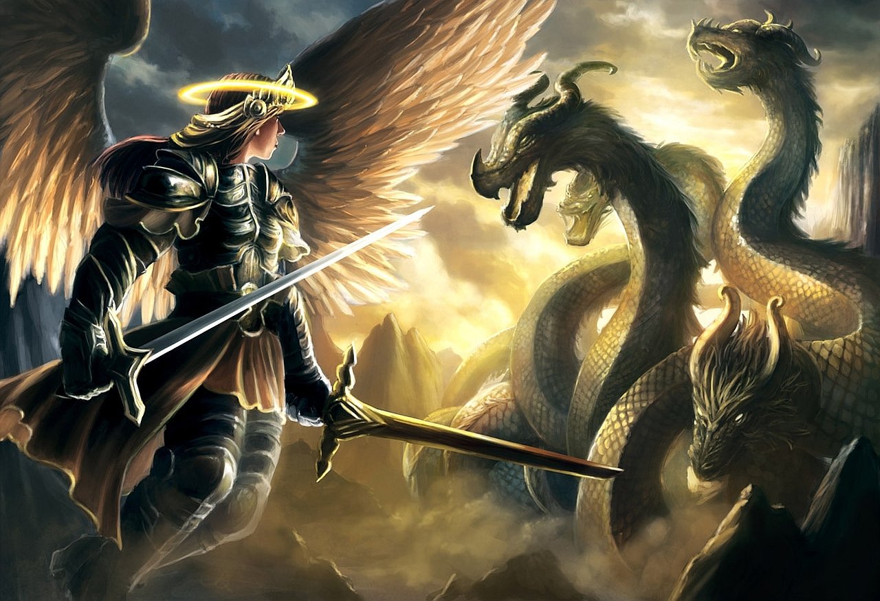 Fantasy angel warrior with golden halo and broad wings charges forward with sword and spear, confronting a snarling multi-headed hydra amid a stormy, glowing battlefield.