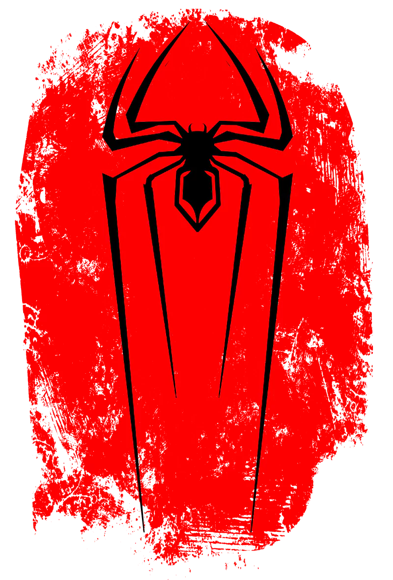 A striking Spider-Man logo in bold black against a vibrant red background, capturing the iconic theme of the comic series and the superhero's emblematic style.