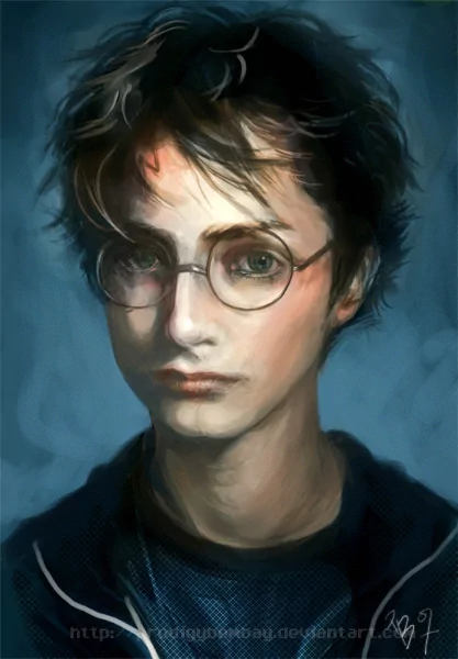 Portrait of a young wizard wearing round glasses, inspired by the Harry Potter movie series, with tousled dark hair and a focused expression.