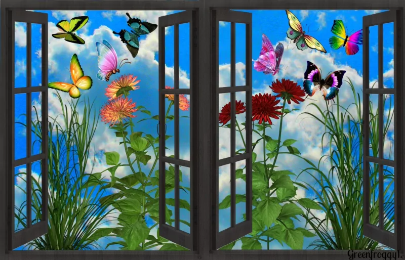 Artistic artwork depicting an open window with colorful butterflies fluttering over vibrant flowers against a bright blue sky with fluffy clouds.