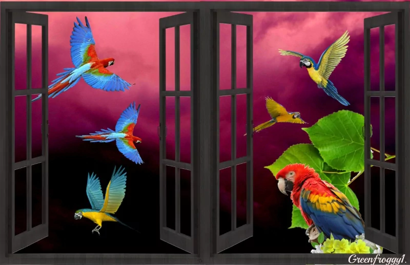 Colorful parrots in flight surround a vibrant landscape framed by open windows, showcasing a dynamic blend of artistry and nature in this captivating artwork.