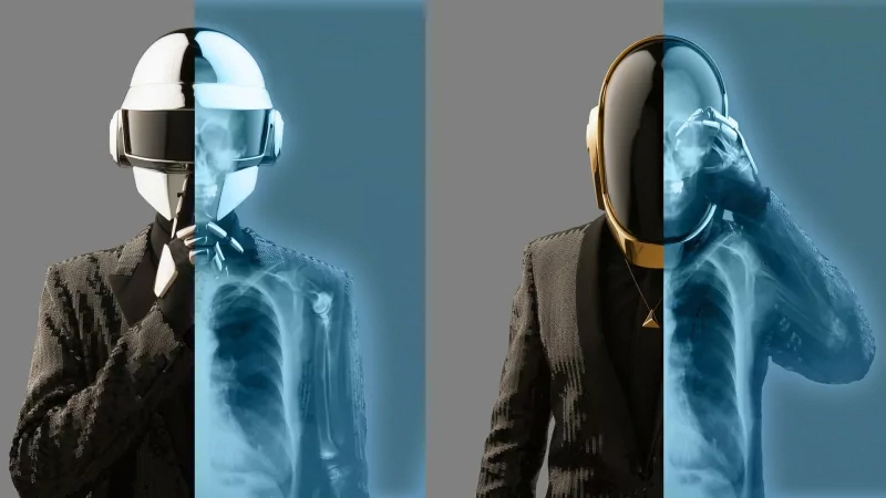 Two figures in sleek suits wear iconic helmets, representing the music duo Daft Punk, with a striking split design highlighting their futuristic aesthetic.