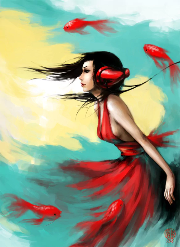 Artistic digital painting of a fantasy woman in a flowing red dress and red headphones, drifting through teal water as bright red fish swim around her.