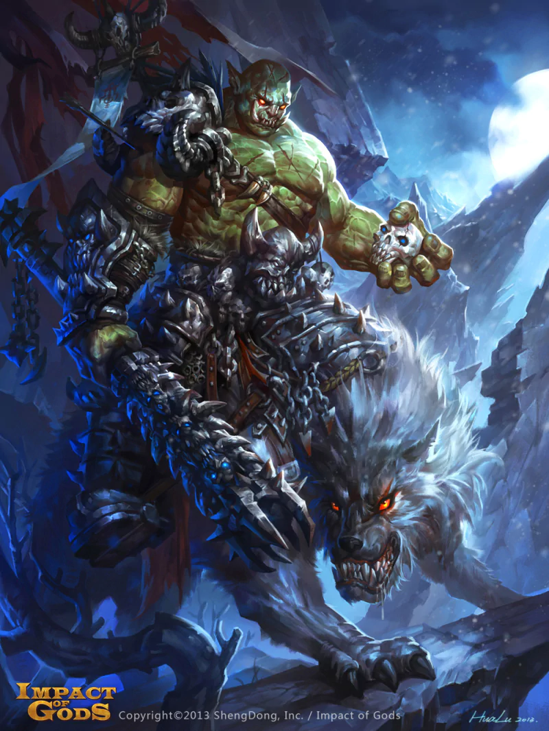 Impact of Gods video game art: hulking green orc warrior in chains and armor holds a skull as a snarling wolf prowls beneath a full moon.