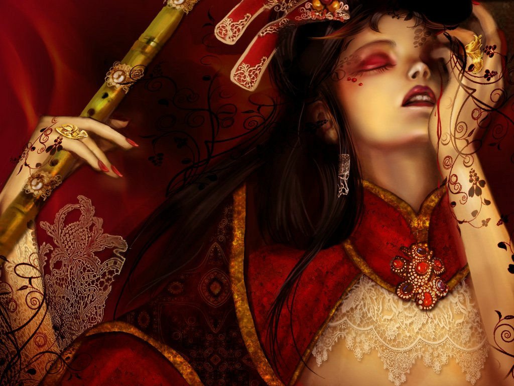 A fantasy-themed CGI artwork featuring a woman adorned with red tattoos and jewelry, with dramatic elements like blood-red colors and intricate ribbons, set against a rich backdrop.