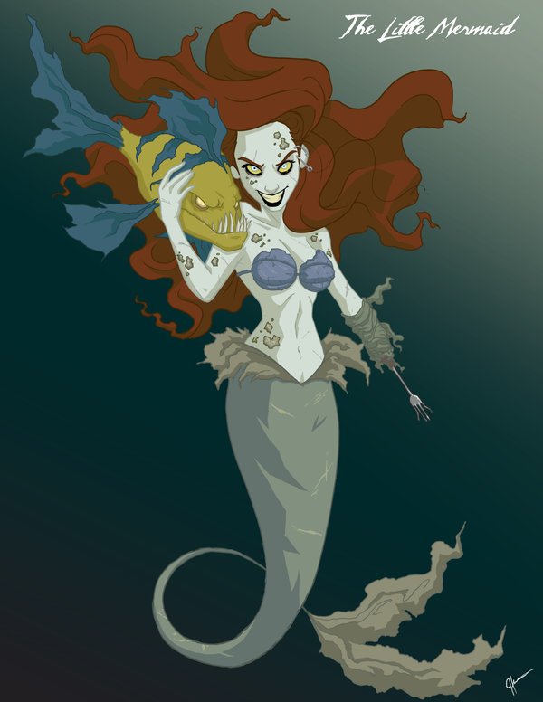 Dark reimagining of Ariel from The Little Mermaid (1989): red‑haired mermaid clutching a frightened Flounder, tattered seashell top and torn tail drifting in deep green water.