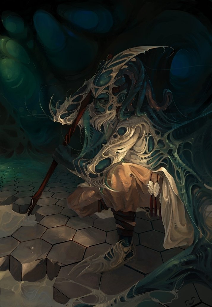 An alien figure cloaked in intricate, organic armor crouches on a hexagonal floor, surrounded by a dark, sci-fi fantasy environment with spectral blue and green lighting.