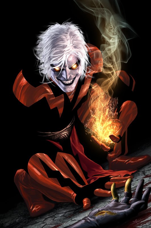 Comic (Marvel Comics): sinister white-haired villain in red-and-black zigzag suit, glowing eyes and grin, conjuring a fiery orb above a fallen clawed hand.