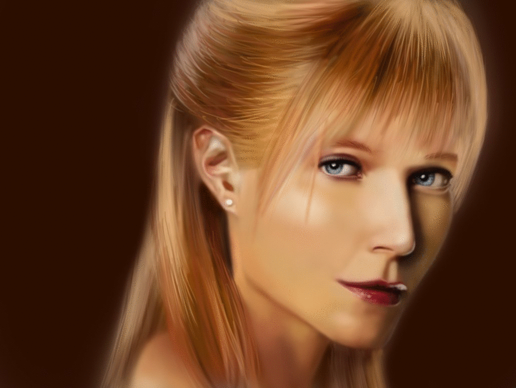 Close-up portrait of celebrity Gwyneth Paltrow with sleek blonde hair, light makeup, and a contemplative expression against a dark brown background.