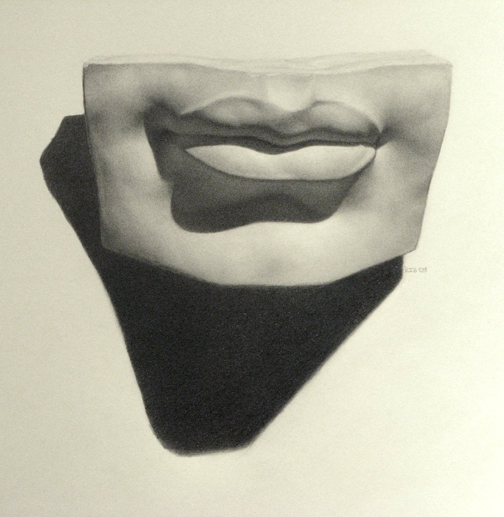 Artistic drawing of a statue fragment featuring lips, with strong shadows creating depth and contrast.