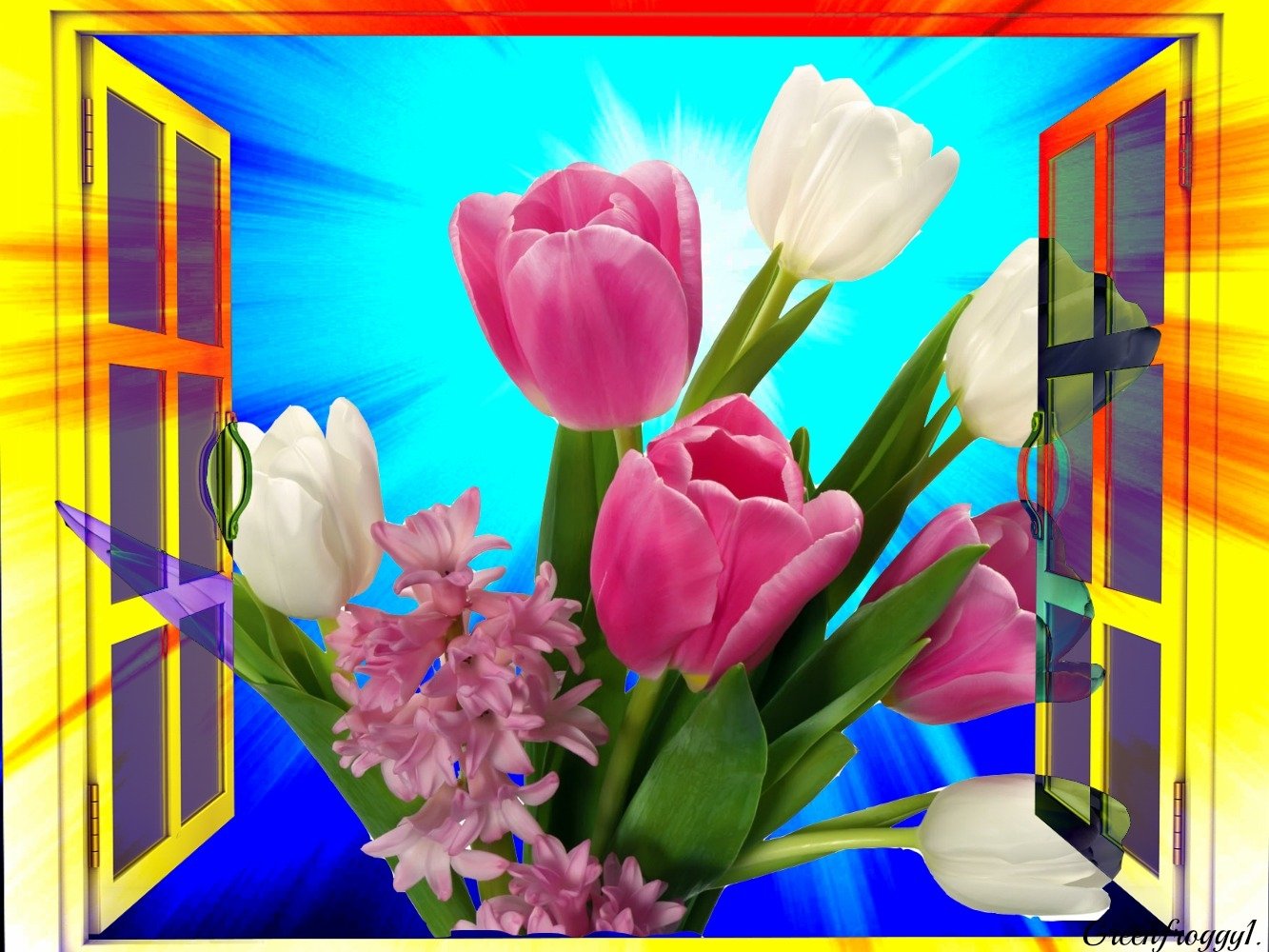 Artistic flower arrangement of pink and white tulips and purple hyacinths framed by an open window against a vivid sunburst background.