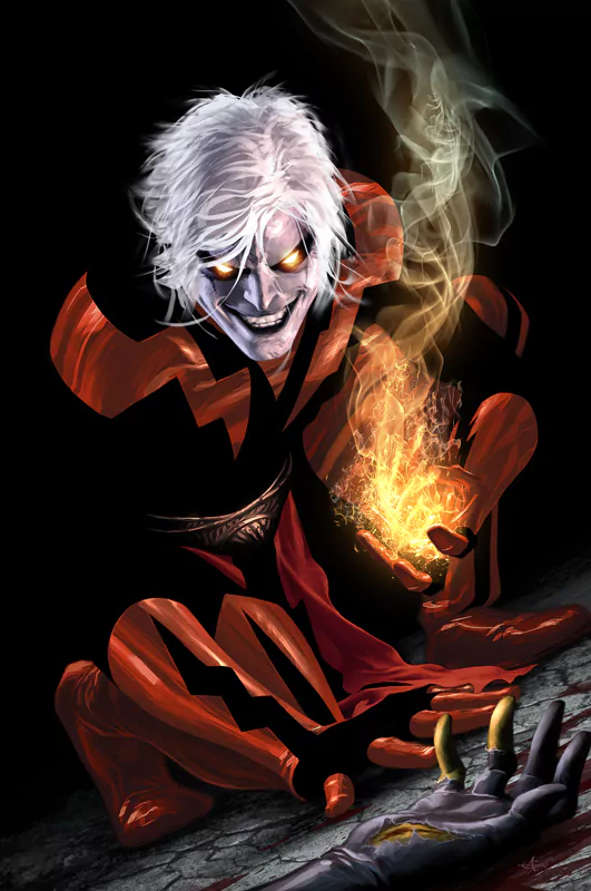 Comic (Marvel Comics): sinister white-haired villain in red-and-black zigzag suit, glowing eyes and grin, conjuring a fiery orb above a fallen clawed hand.