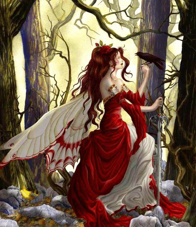 A fantasy fairy with large wings and flowing red dress kneels among trees, reaching out to a blackbird in a mystical forest setting.