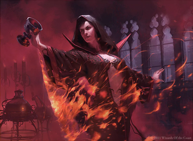 A fantasy sorcerer in dark robes conjures fiery magic with a confident gesture inside a dimly lit, ancient chamber.