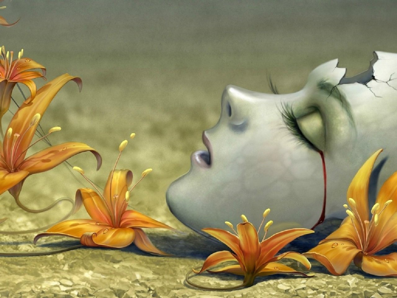 Artistic scene: a cracked pale mask with closed eyes rests among bright orange lilies on parched ground, a thin red streak like a tear tracing from the temple.