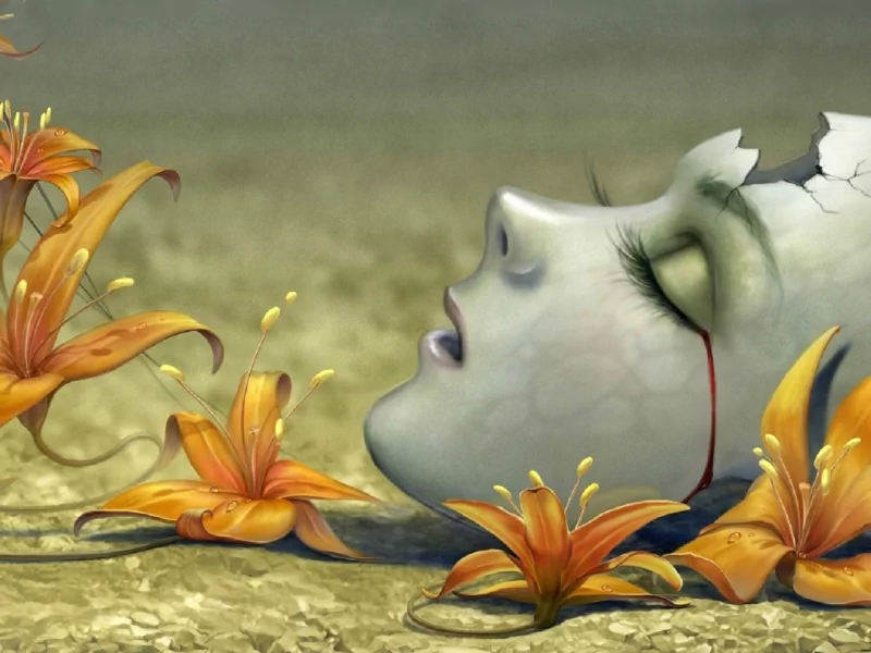 Artistic scene: a cracked pale mask with closed eyes rests among bright orange lilies on parched ground, a thin red streak like a tear tracing from the temple.