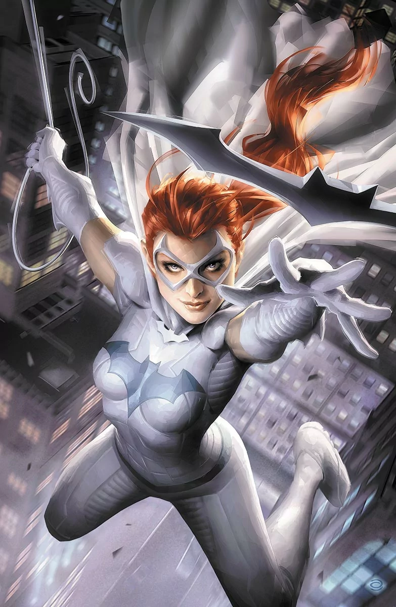 Batgirl soars through a cityscape, clad in a sleek and striking white costume, wielding her signature weapon with confidence and determination.