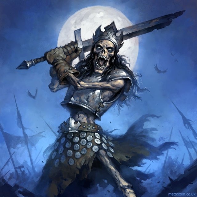 A menacing undead warrior clad in armor wields a large sword under a full moon, surrounded by a dark, eerie battlefield with scattered hammers and flying bats.