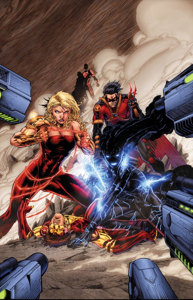 The image features characters from DC Comics' Teen Titans, including Solstice, Red Robin, Conner Kent, and Kid Flash, in an intense action scene against a dramatic backdrop.